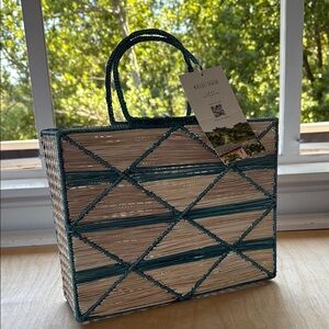 Cream and Green Geometric Tote Bag with Structured Design